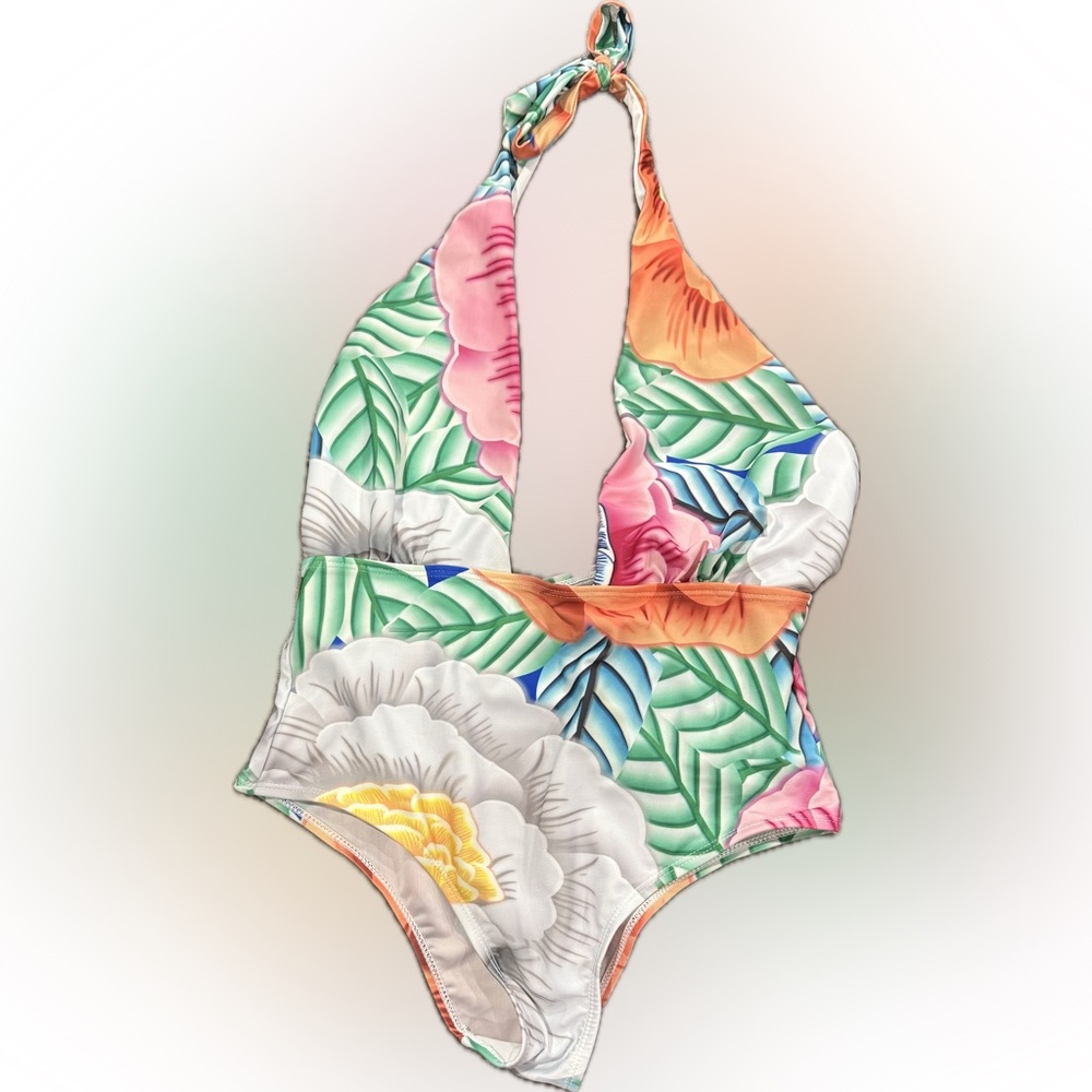 Colorful Tropical Floral Leaf Halter One Piece Swimsuit High Waist Low Neck